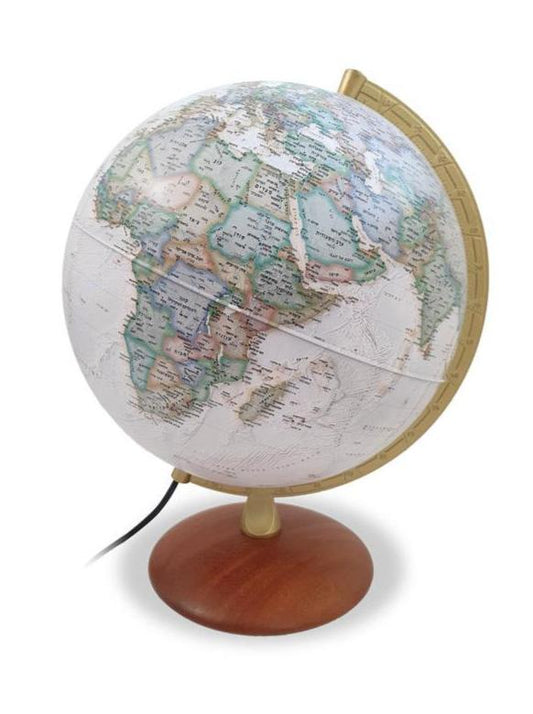 A 30 cm diameter illuminated physical political globe in Hebrew in a fancy antique style by National Geographic