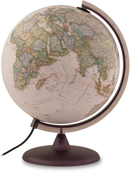 A 30 cm diameter illuminated physical political globe in Hebrew in a fancy antique style by National Geographic