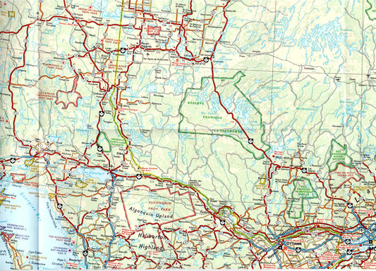 zomm of Eastern Canada travel map with roads cities Ontario Quebec and Nova Scotia