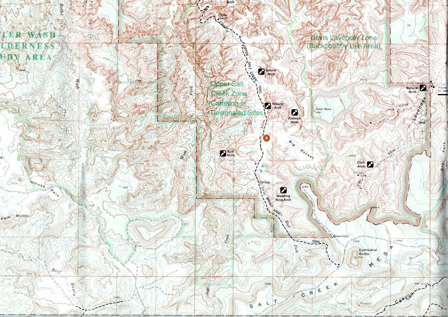 פרט של מפה טופוגרפית של Canyonlands National Park ביוטה