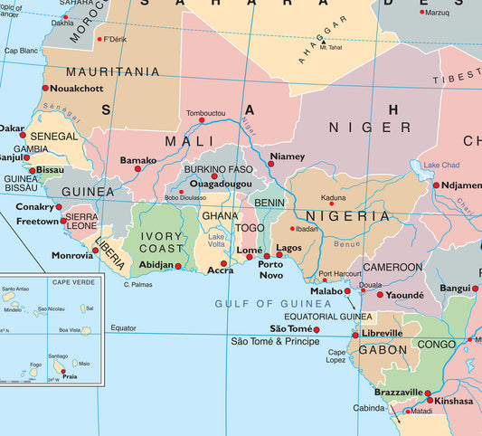 פרט מפת אפריקה עם גבולות מדינות ובירות