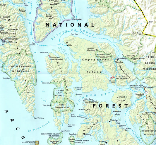 Zomm of Alaska Inside Passage travel map with Glacier Bay Tongass Forest and islands