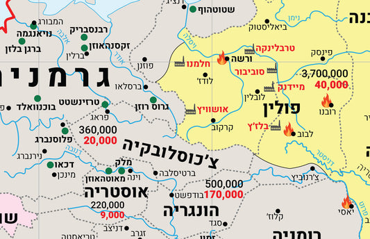 תקריב של מפת יהדות אירופה בתקופת השואה