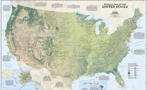 מפה פיזית של ארצות הברית של נשיונל גיאוגרפיק בגודל 90 על 60 ס"מ