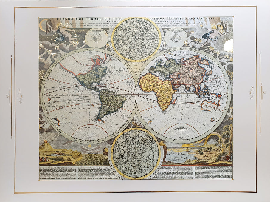 Replica of the ancient world map and the zodiac balls