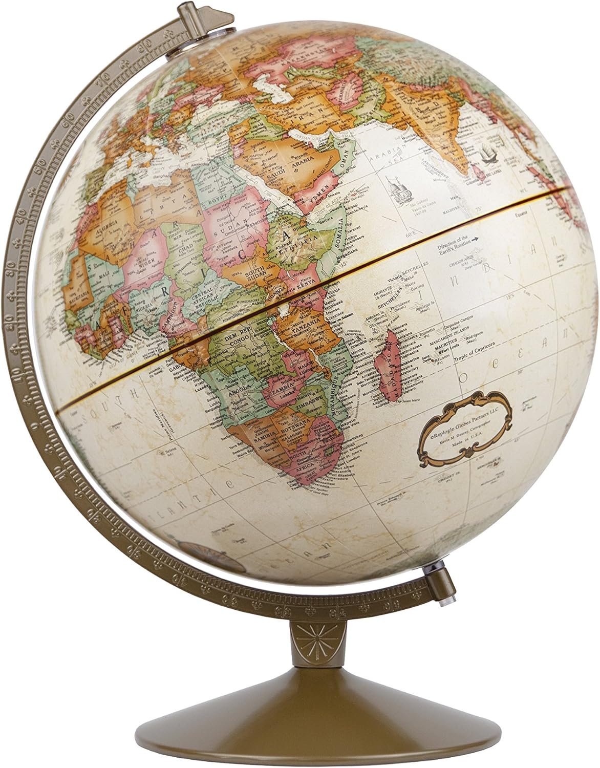 A political globe with a relief in English in a fancy antique style with a diameter of 30 cm from the Replogal company 