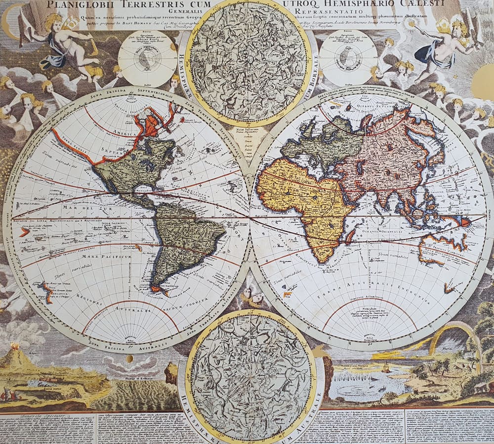 Replica of the ancient world map and the zodiac balls