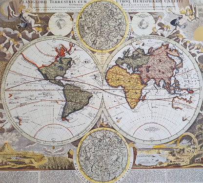 Replica of the ancient world map and the zodiac balls