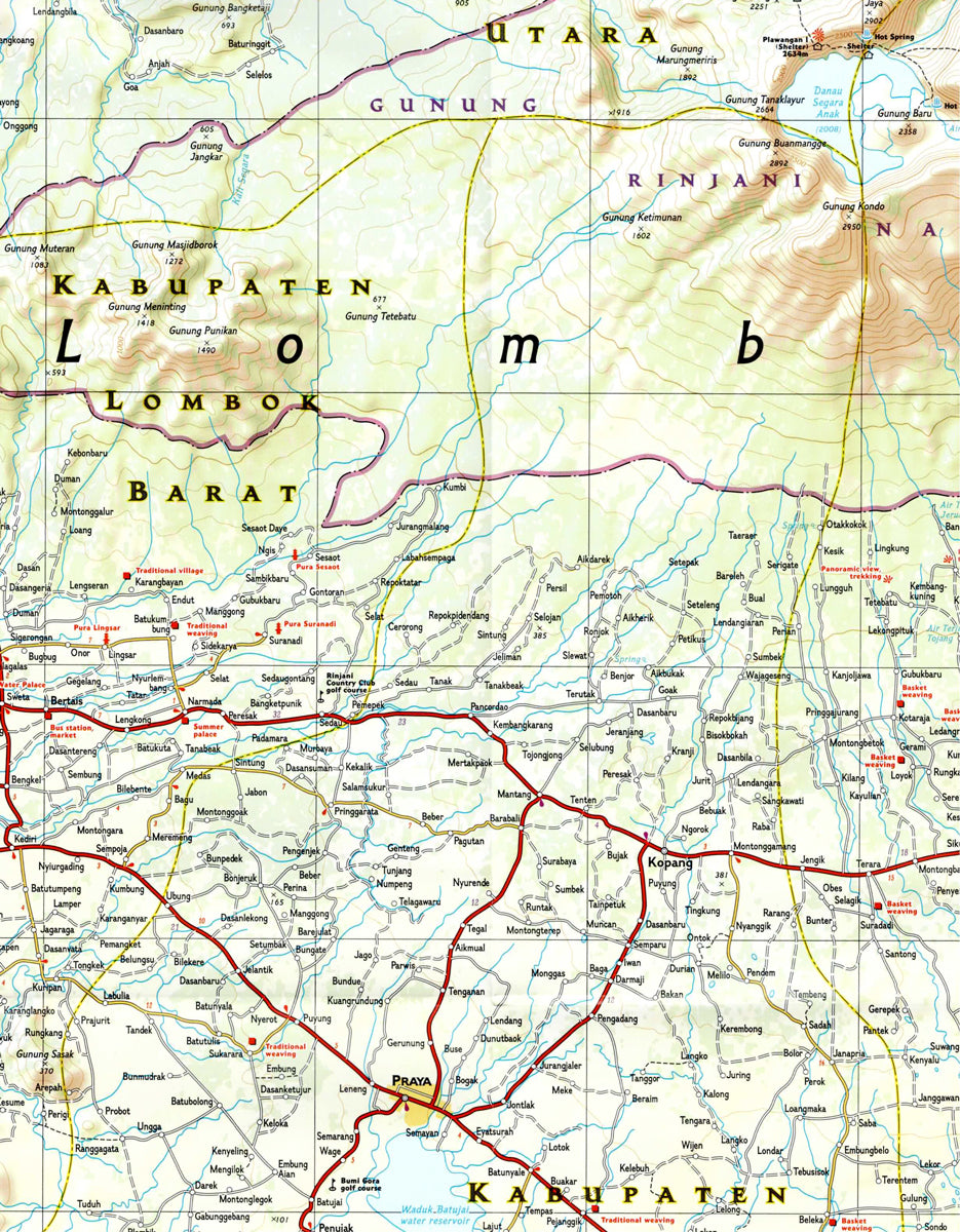 Zoom of Bali Lombok and Komodo travel map with roads beaches parks and attractions