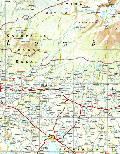 Zoom of Bali Lombok and Komodo travel map with roads beaches parks and attractions