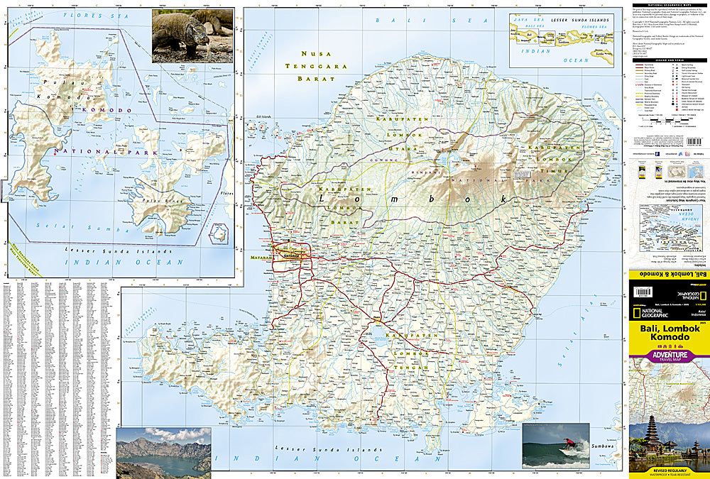 Bali Lombok and Komodo travel map with roads beaches parks and attractions