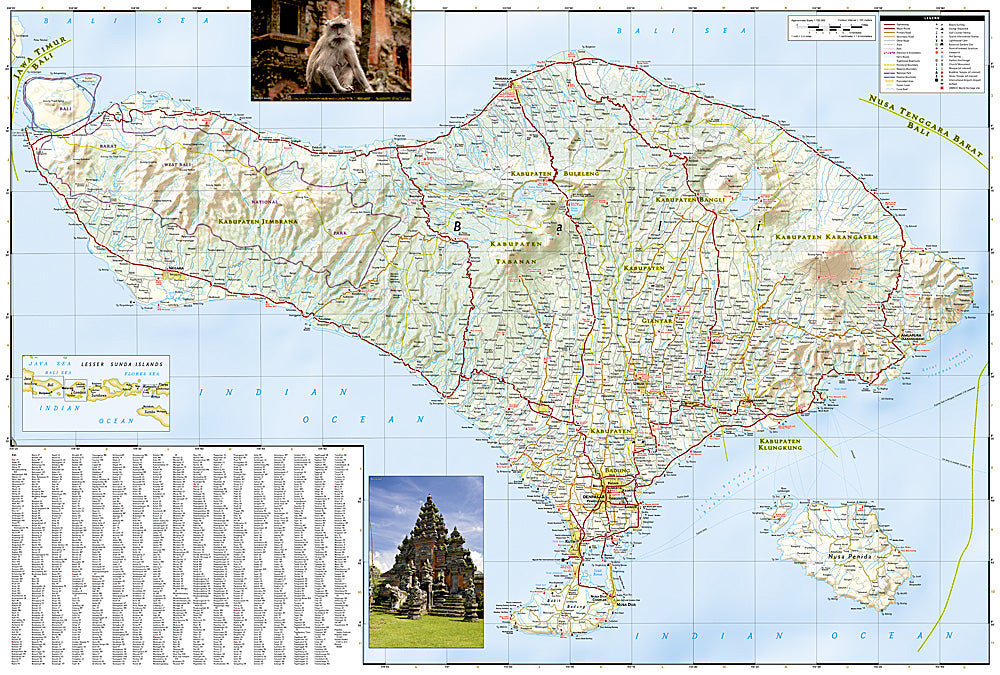 Bali Lombok and Komodo travel map with roads beaches parks and attractions
