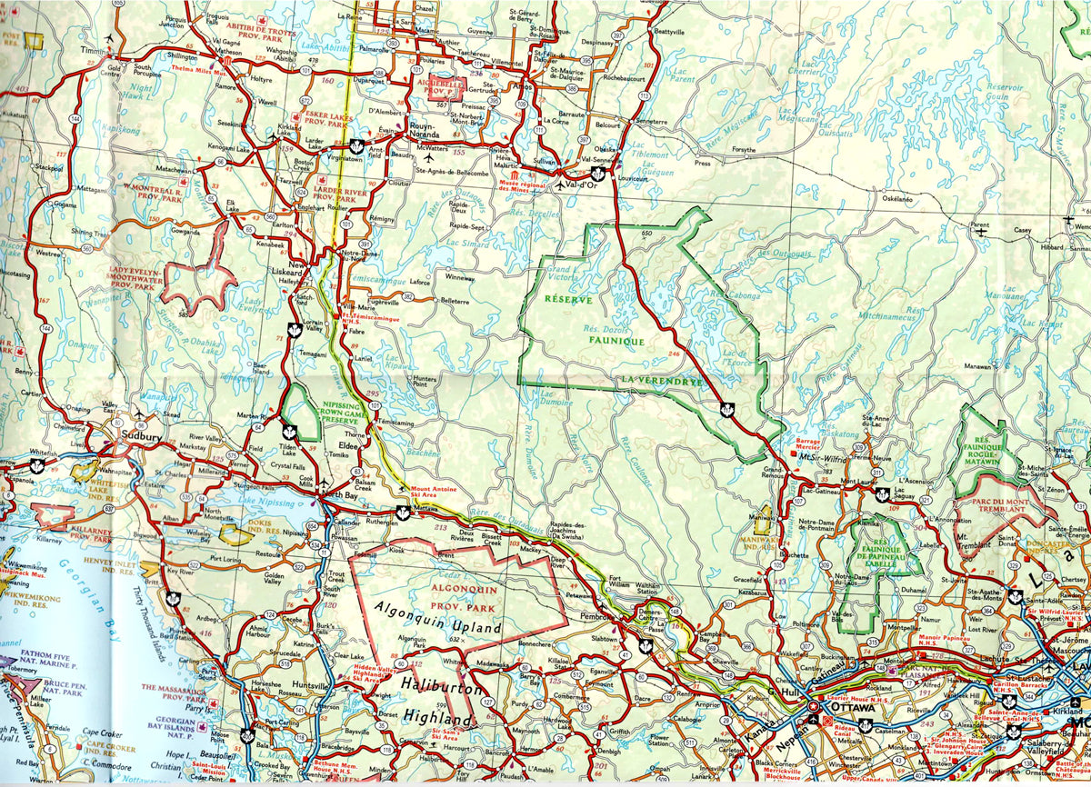 zomm of Eastern Canada travel map with roads cities Ontario Quebec and Nova Scotia