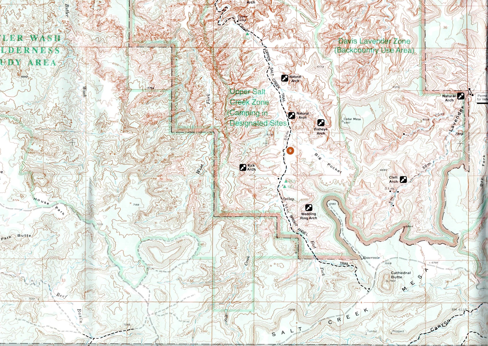 פרט של מפה טופוגרפית של Canyonlands National Park ביוטה