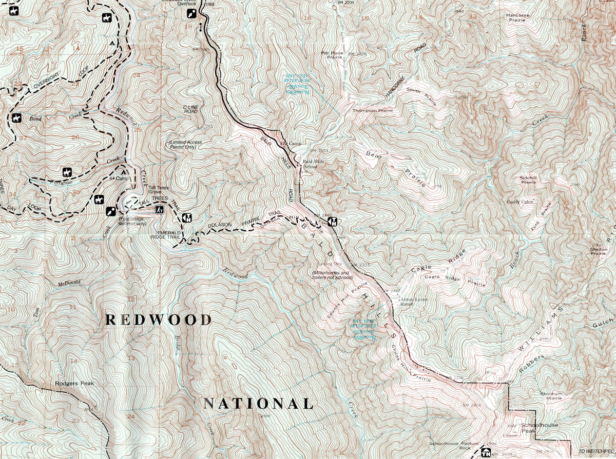 פרט של מפת Redwood National Park בקליפורניה – מפה טופוגרפית