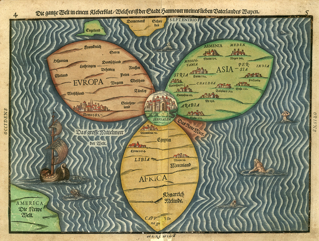 רפליקה של מפת עולם של בונטינג בצורת עלה תלת‑עלה עם ירושלים במרכז, הדגמה של אירופה, אסיה ואפריקה בסגנון היסטורי לתלייה ולימוד