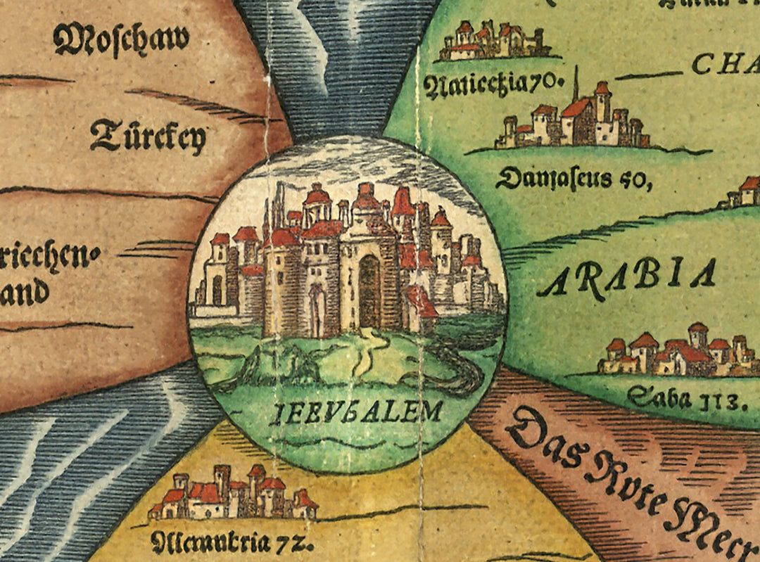 פרט של רפליקה של מפת עולם של בונטינג בצורת עלה תלת‑עלה עם ירושלים במרכז, הדגמה של אירופה, אסיה ואפריקה בסגנון היסטורי לתלייה ולימוד