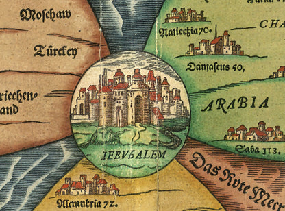 פרט של רפליקה של מפת עולם של בונטינג בצורת עלה תלת‑עלה עם ירושלים במרכז, הדגמה של אירופה, אסיה ואפריקה בסגנון היסטורי לתלייה ולימוד