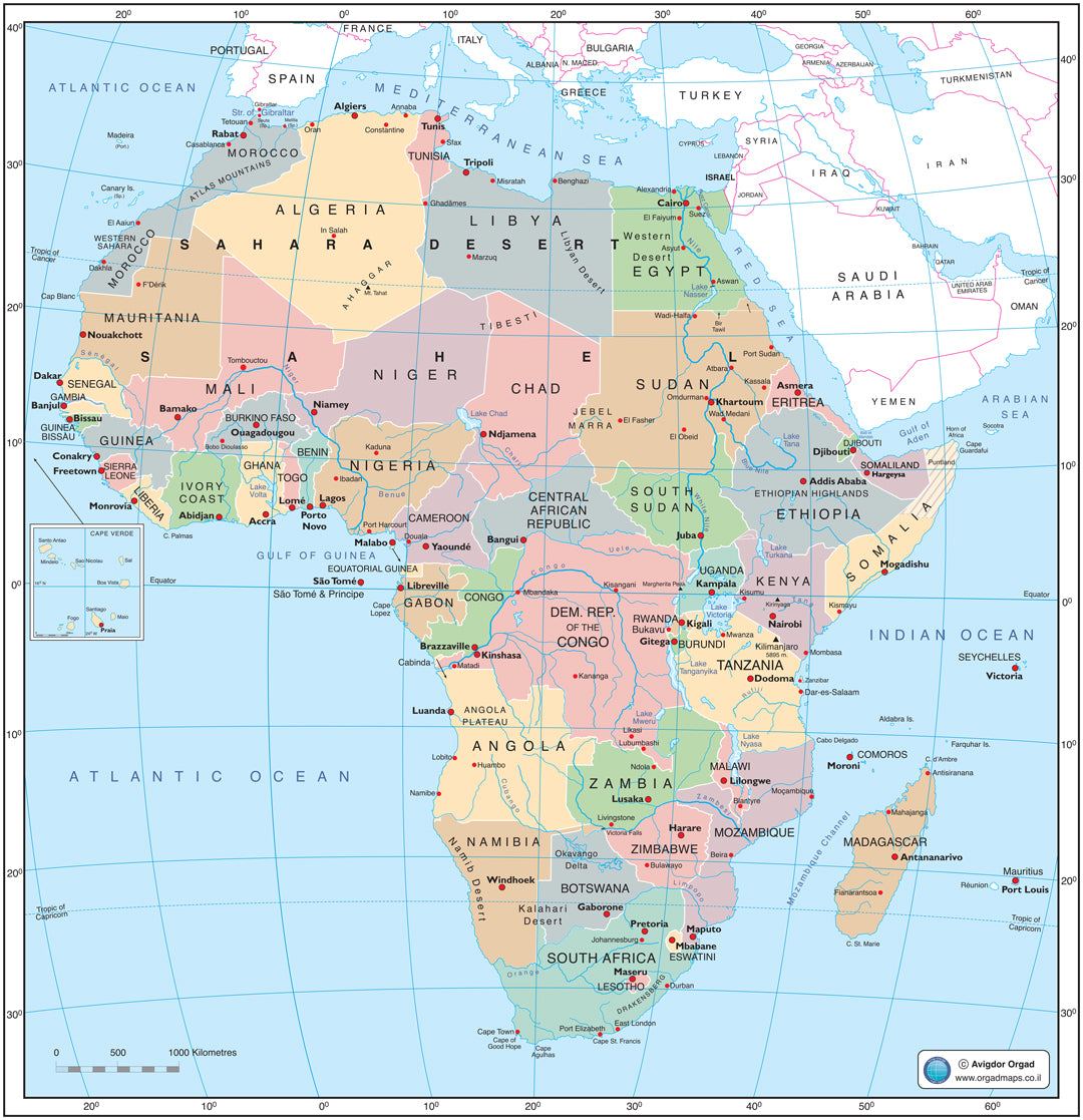 מפת אפריקה עם גבולות מדינות ובירות