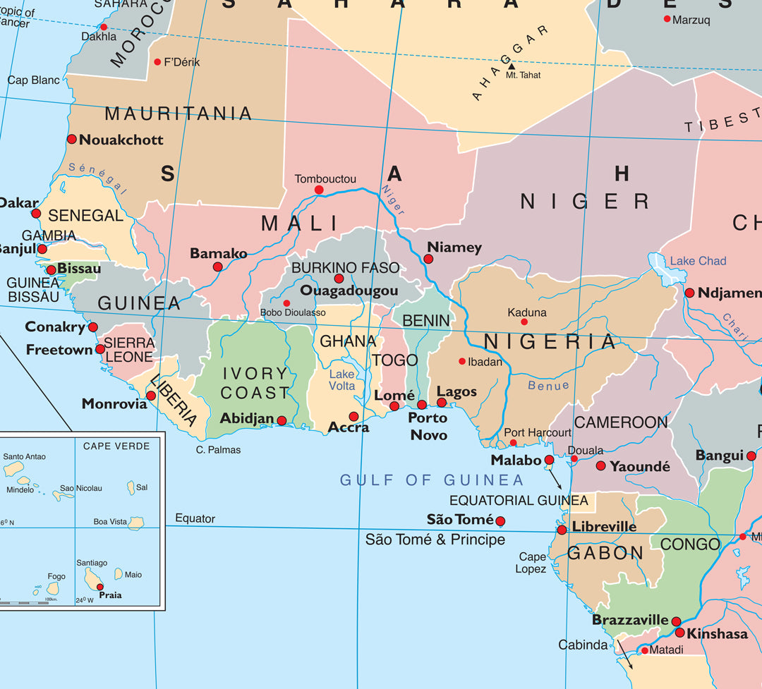 פרט מפת אפריקה עם גבולות מדינות ובירות