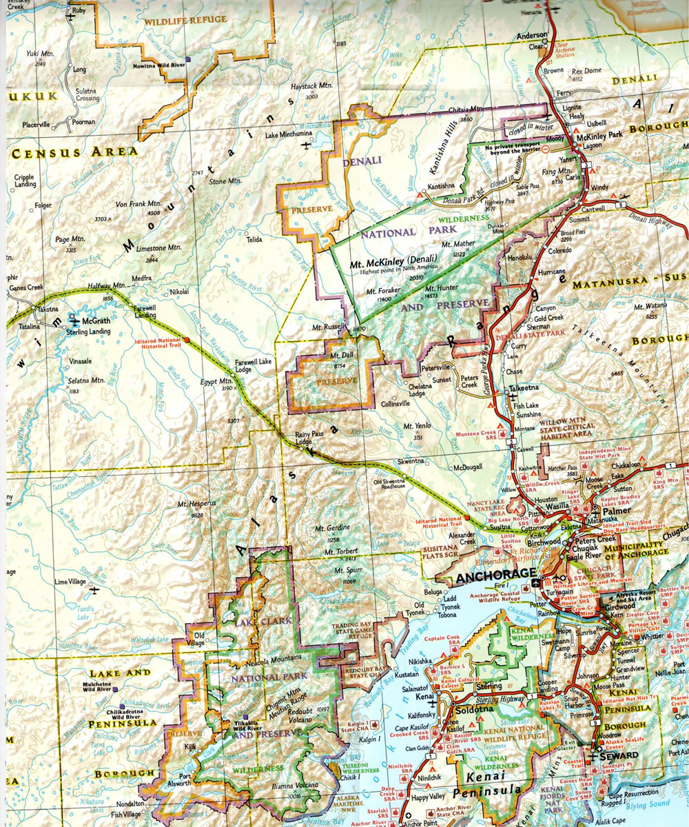 Zoom of Alaska travel map with Denali Anchorage Inside Passage parks and wildlife areas