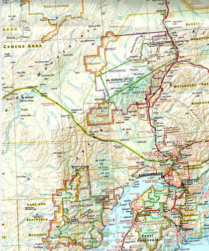Zoom of Alaska travel map with Denali Anchorage Inside Passage parks and wildlife areas