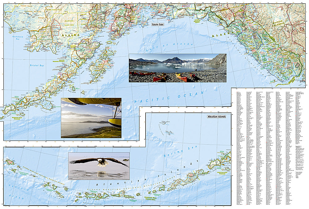 Alaska travel map with Denali Anchorage Inside Passage parks and wildlife areas
