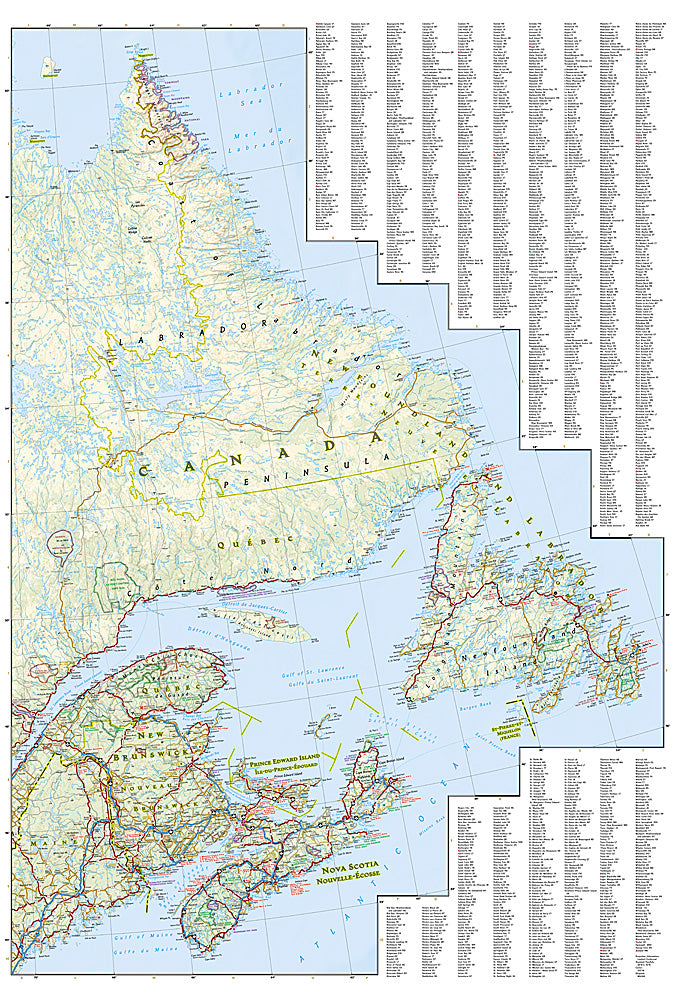Eastern Canada travel map with roads cities Ontario Quebec and Nova Scotia