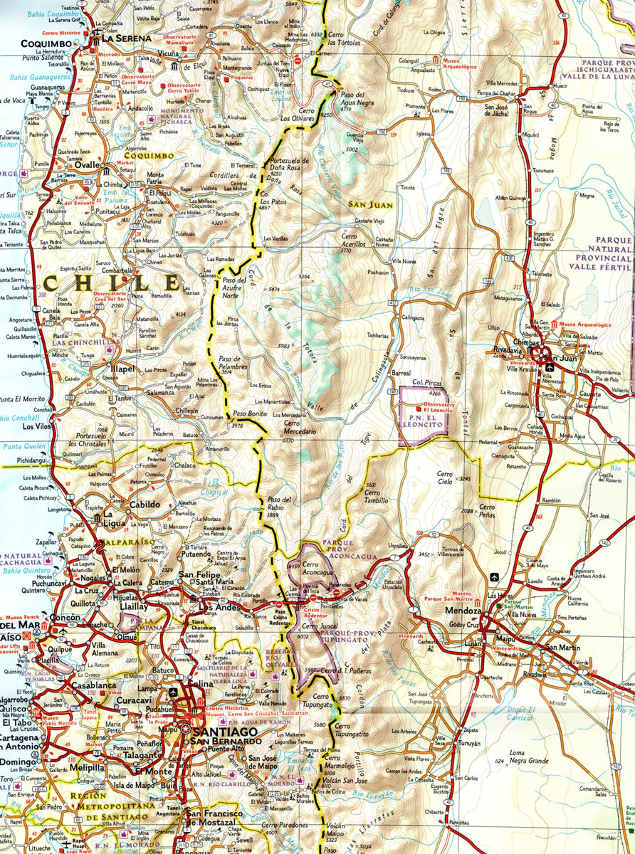 zoom of Chile travel map with roads cities Patagonia national parks and hiking trails