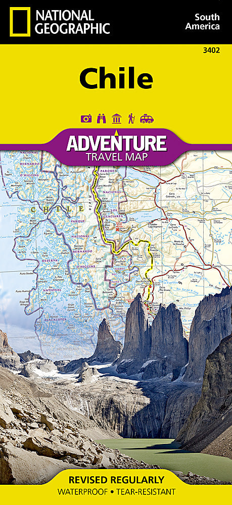Chile travel map with roads cities Patagonia national parks and hiking trails