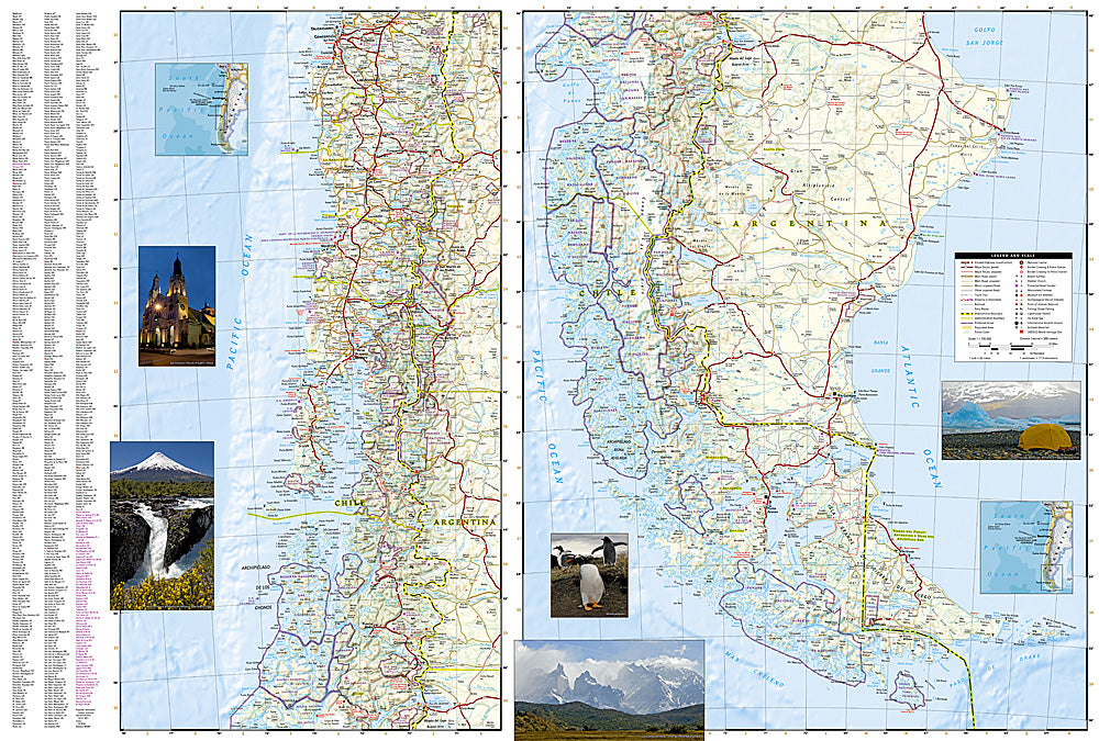 Chile travel map with roads cities Patagonia national parks and hiking trails