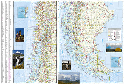 Chile travel map with roads cities Patagonia national parks and hiking trails