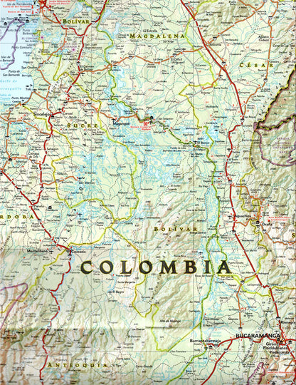 Zoom of Colombia travel map with roads cities beaches Bogota Medellin and Cartagena