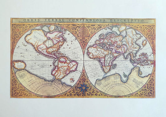 Replica of the world map with two orange balls 