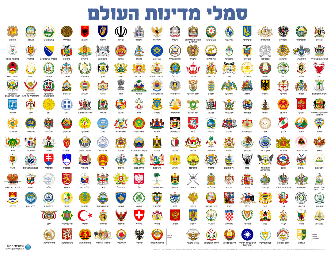 פוסטר לימודי של סמלי מדינות העולם עם שמות המדינות בעברית