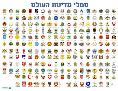פוסטר לימודי של סמלי מדינות העולם עם שמות המדינות בעברית