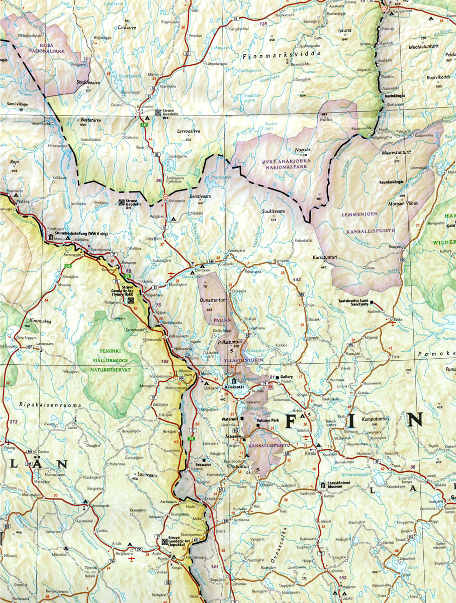 Zoom of Finland travel map with cities roads national parks lakes and scenic viewpoints