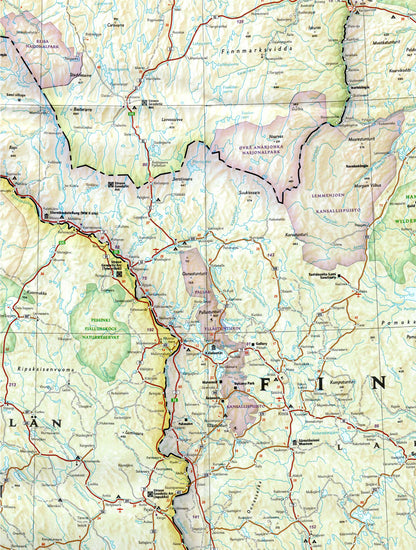 Zoom of Finland travel map with cities roads national parks lakes and scenic viewpoints