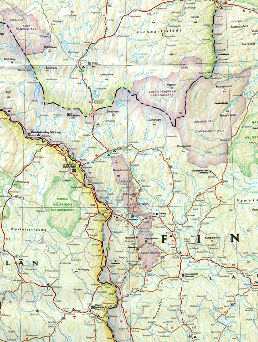 Zoom of Finland travel map with cities roads national parks lakes and scenic viewpoints