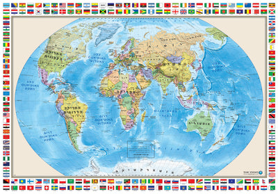 מפת עולם פיזית-פוליטית לשנת 2026 המציגה מדינות, גבולות בינלאומיים, ערים מרכזיות ומאפיינים גאוגרפיים בצבע