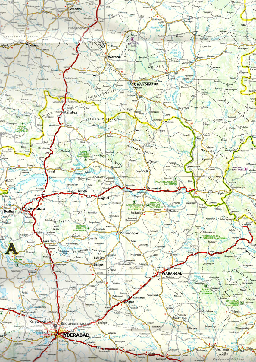 Zoom of South India travel map with cities roads temples beaches and heritage sites
