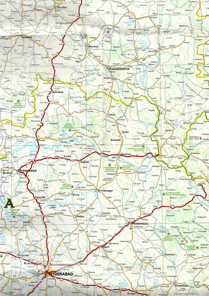 Zoom of South India travel map with cities roads temples beaches and heritage sites