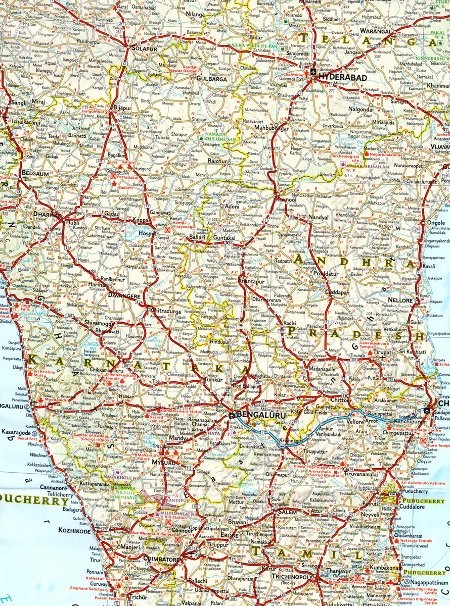 Zoom of India travel map with cities roads temples heritage sites and beaches