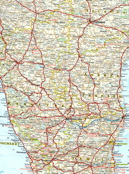 Zoom of India travel map with cities roads temples heritage sites and beaches