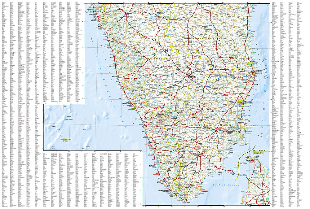 South India travel map with cities roads temples beaches and heritage sites