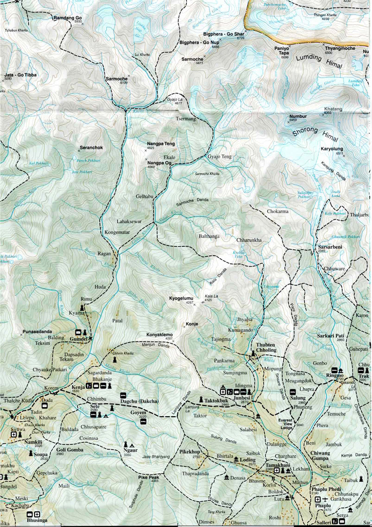פרט מפת טיולים אזור קהומבו שבנפאל, הידוע גם כאזור האוורסט