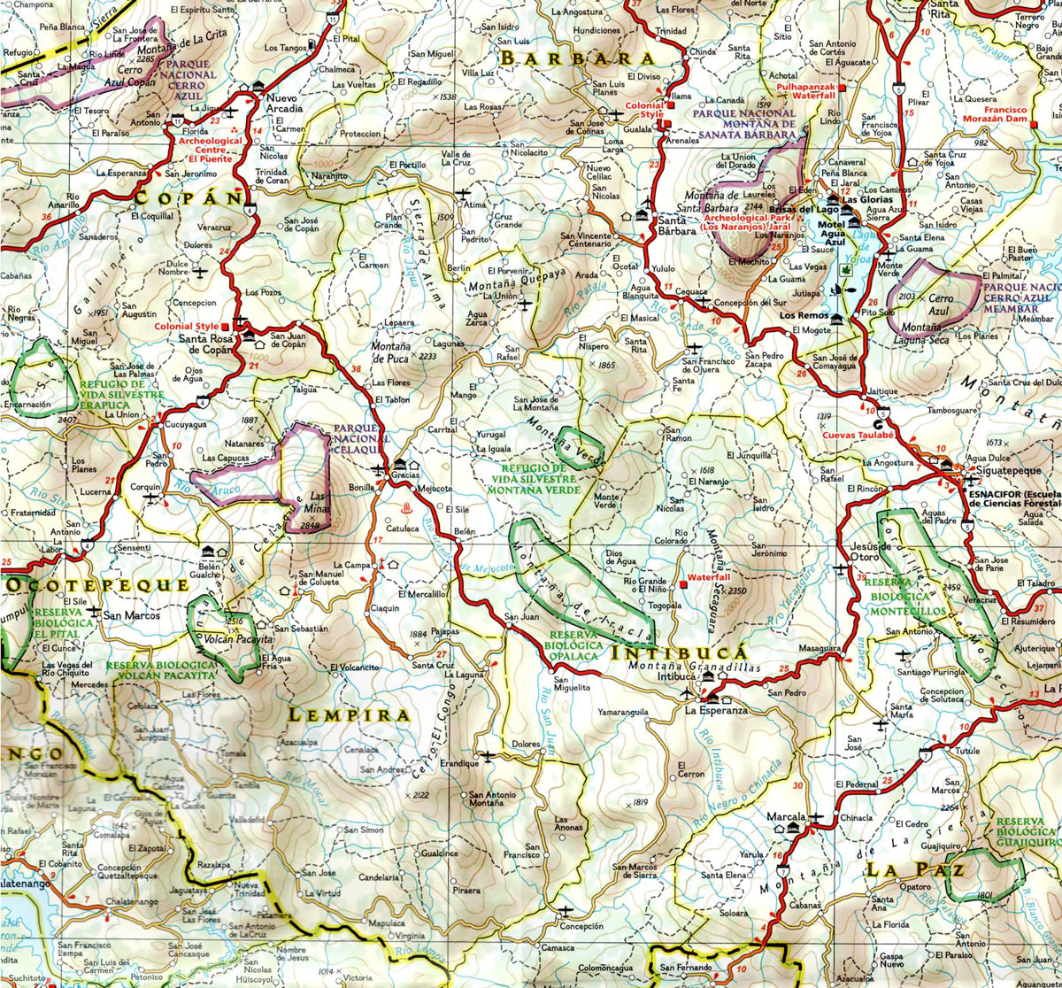zoom of Nicaragua Honduras and El Salvador travel map with roads beaches parks and attractions