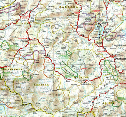 zoom of Nicaragua Honduras and El Salvador travel map with roads beaches parks and attractions