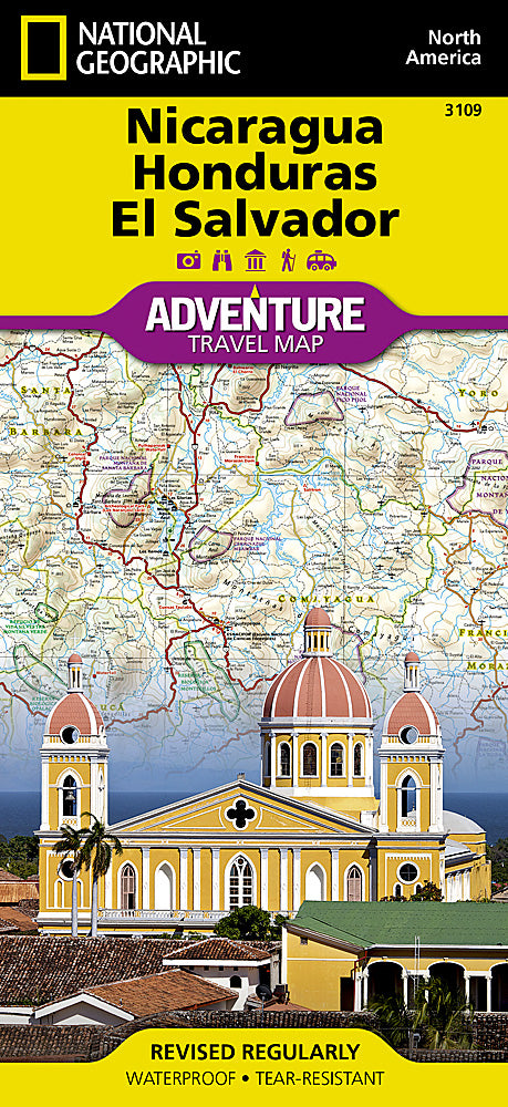 Nicaragua Honduras and El Salvador travel map with roads beaches parks and attractions