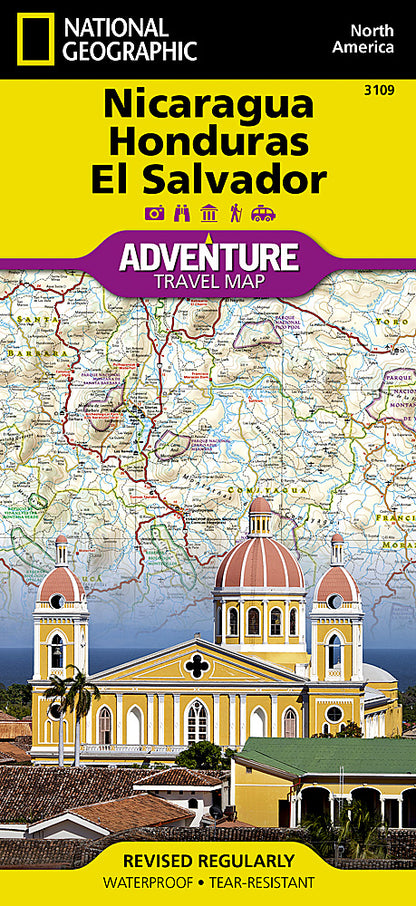 Nicaragua Honduras and El Salvador travel map with roads beaches parks and attractions